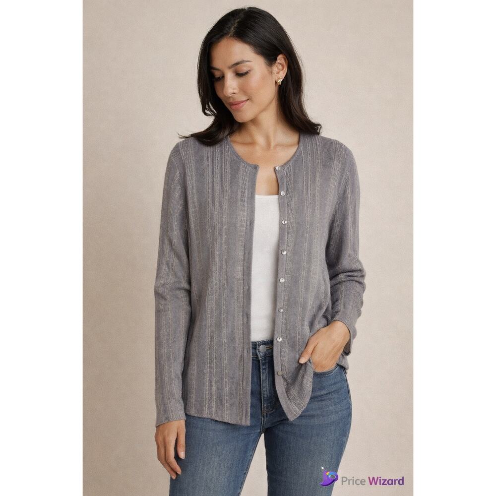 Belford Gray Silk Cardigan Sweater Womens Large Button Front Ribbed